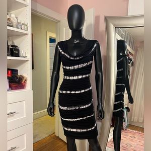 INC black jersey dress with white and sequin stripes